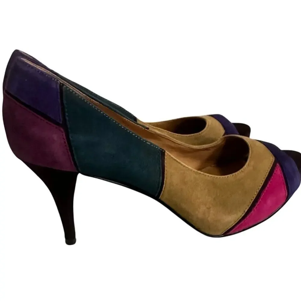 Nine West Kaspiao‎ Open Toe Suede High Heel Dopamine Patchwork Size 8M Y2K - Picture 15 of 16